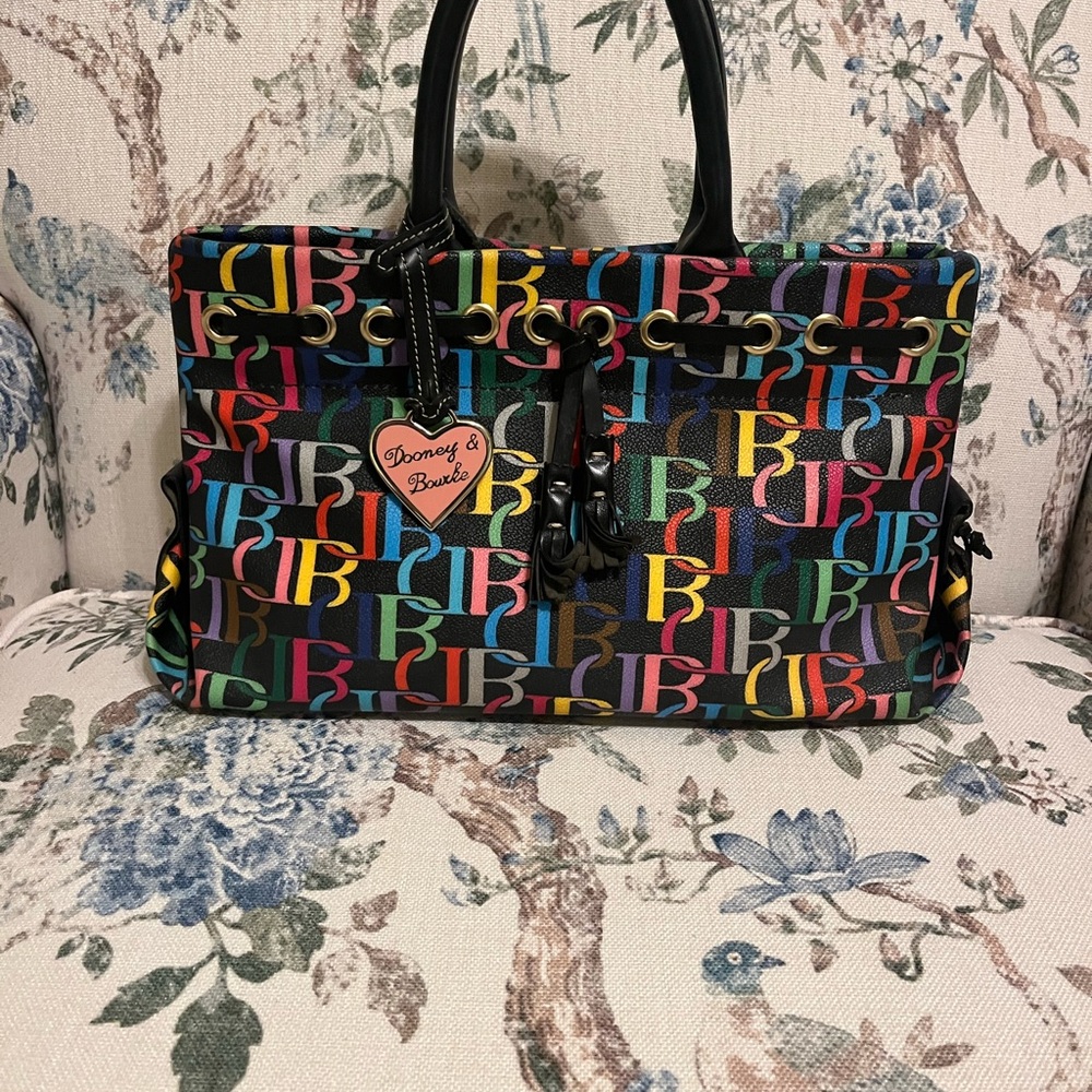 Dooney & Bourke Black Multicolor Logo Tote with Heart Charm